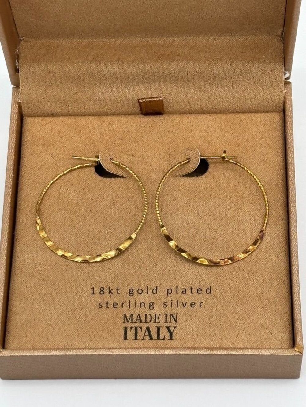 18KT Gold Plated Sterling Silver Hoop Earrings Hammered Made in Italy 1.25" Long